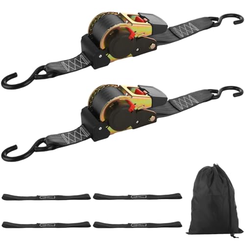 2 Pack 2 Inch Retractable Ratchet Straps Heavy Duty 15ft Self Retracting Tie Down Straps with S Hook, 3310 LBS Break Strength, AutoRetract Ratchet Straps for Motorcycle, Kayak, ATVs, Boats