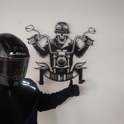 Handmade Metal Skull Wall Decor Hanger – “Born To Ride” Motorcycle Helmet and Jacket Rack – Black Steel Wall Art, Gift Harley Garage, Bikers and Motorcycle Lovers (79X89cm/31X40 Inches) - size: 79X89cm/31X40 Inches