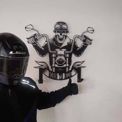 Handmade Metal Skull Wall Decor Hanger – “Born To Ride” Motorcycle Helmet and Jacket Rack – Black Steel Wall Art, Gift Harley Garage, Bikers and Motorcycle Lovers (79X89cm/31X40 Inches) - size: 79X89cm/31X40 Inches