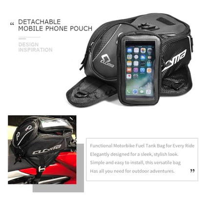 Motorcycle Tank Bag, Magnetic Motorcycle Tank Bag with Detachable Clear Phone Pouch and Rain Cover, Gas Tank Bag for Street and Touring Bikes, Black