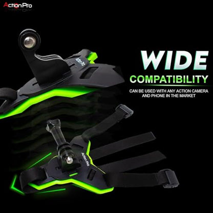 Action Pro Helmet Chin Mount Strap Compatible with All Smartphones GoPro Hero 12 11 10 9 8 7 6 5 4 SJCAM and All Action Cameras (Green) - color: Green