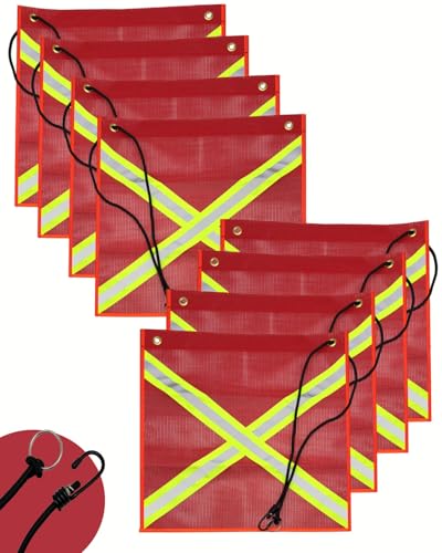 Reflective Safety Flag, PVC Mesh Warning Flags with Cross Reflective Strip 18 x 18 Inch Warning Flag with Wire Loop and Snap Hook for Truck Hunting Bike Trailer Hauling (Red-8 Pack) - color: Red Warning Flag