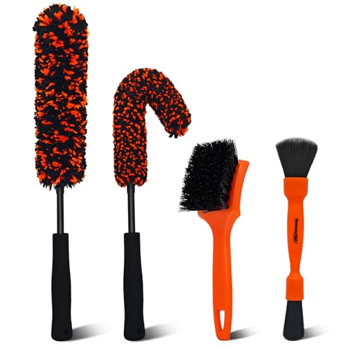 YeewayVeh 4PCS Car Wheel Cleaning Kit, 2-Size Bendable Microfiber Wool Wheel Brush Set, Tire Brush, Double-Ended Detailing Brush, Soft Non-Metallic Rim Cleaner Brushes for All Wheel Types - color: Orange&black, size: 4 Pack