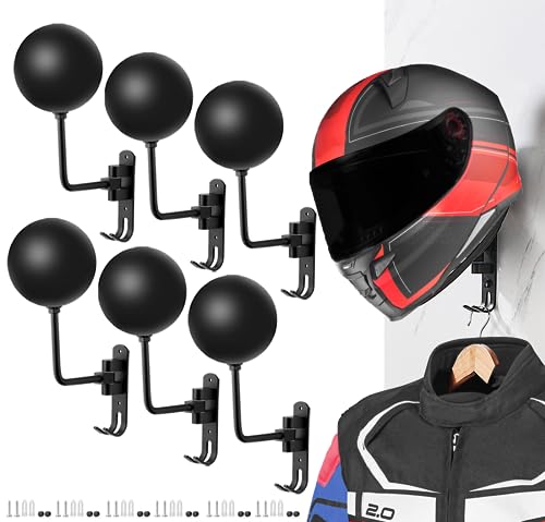 SANGMO 6 Pack 180° Motorcycle Helmet Holder Wall Mount, Rotation Metal Helmet Rack, Helmet Holder Bike with 2 Hooks Helmet Hanger for Motorcycle Bike Coats, Caps, Baseballs, Rugby Helmet (Black) - color: Black*6