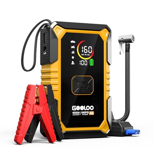 GOOLOO A5 Car Jump Starter with Air Compressor, 4000A Portable Car Jump Starter (All Gas/10.0L Diesel) with 160PSI Auto-Off Tire Inflator, 45W PD Fast Charging,12V Battery Jumper Starter Portable - color: Yellow