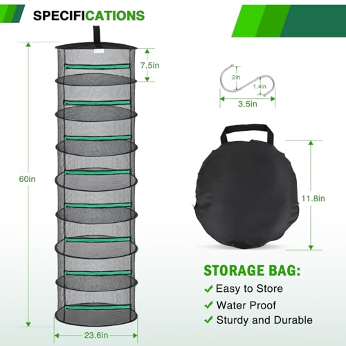 Yesker 8 Layer Herb Drying Rack Hanging Mesh Net Foldable Plant Drying Racks 24" Diameter with Green Zipper & Hook Dryer Hanging Rack for Herbs Seed Bud Fruit Clothes Grow Tent Closets Garden Outdoor - size: 8 Layers Fluorescent Green & Black with Hook
