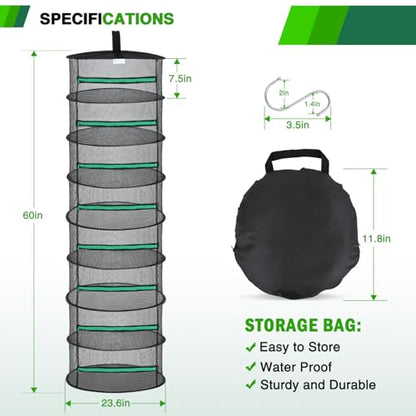 Yesker 8 Layer Herb Drying Rack Hanging Mesh Net Foldable Plant Drying Racks 24" Diameter with Green Zipper & Hook Dryer Hanging Rack for Herbs Seed Bud Fruit Clothes Grow Tent Closets Garden Outdoor - size: 8 Layers Fluorescent Green & Black with Hook