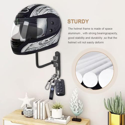 Motorcycle Helmet Rack, Helmet Holder Wall Mount 180° Rotation Hanger with 2 Hook for Coats, Caps, Motorcycle Accessories (Grey, 1 PCS)