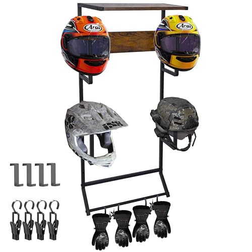 Motorcycle Helmet Holder Wall-Mounted Helmet Rack with 4 Glove Chips& Hooks - Rustic Bike Helmets Storage Organizer, Universal Wall Mount for Helmets, Gear, Clothes, Accessories，Retro