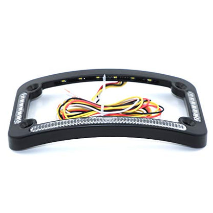 HTTMT- Dual LED Curved Motorcycle License Plate Frame w/Turn-Signal,Brake Light - Black Finish Universal Compatible with Any Motorcycle [P/N: MT294-007-BK] - color: Black