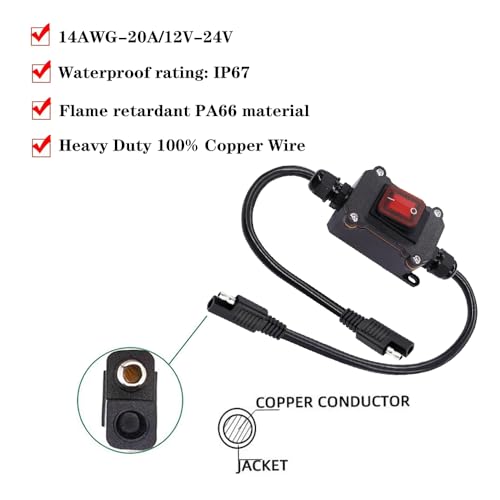 IP65 Waterproof SAE On/Off Rocker Switch with 1ft Cable, 12V/24V 30A Heavy Duty Inline Switch with SAE Male Female Connector for Car Motorcycle ATV Truck Solar Panel Battery Charger
