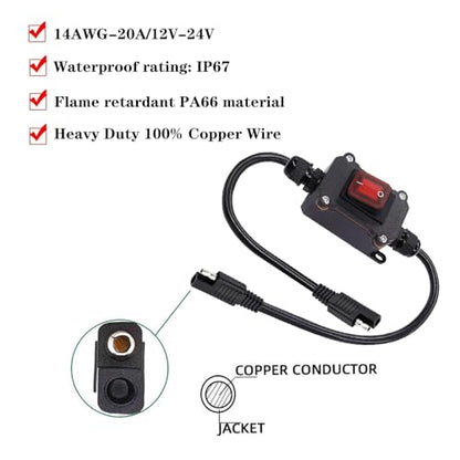 IP65 Waterproof SAE On/Off Rocker Switch with 1ft Cable, 12V/24V 30A Heavy Duty Inline Switch with SAE Male Female Connector for Car Motorcycle ATV Truck Solar Panel Battery Charger