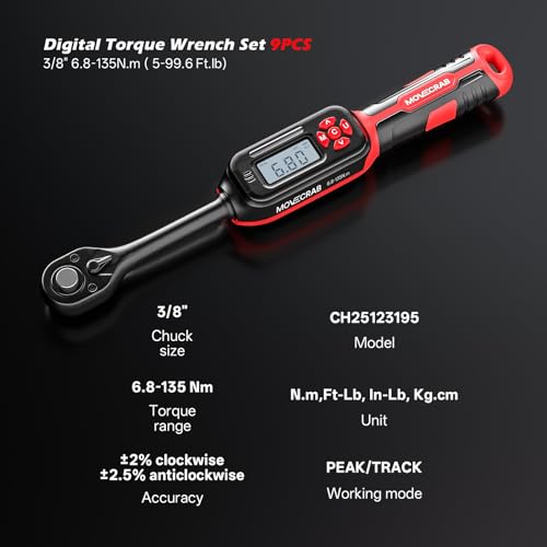 3/8" Professional Electronic Torque Wrench with LED Display, 6.8-135 N.m/5-99.6 Ft.Lb, ±2% Precision Digital Torque Wrench, Smart Buzzer Alert, Preset Memory, Peak & Track Mode for Mechanics - size: 3/8" 9pcs-Spark 6.8-135N.m/5-99.6Ft.lb