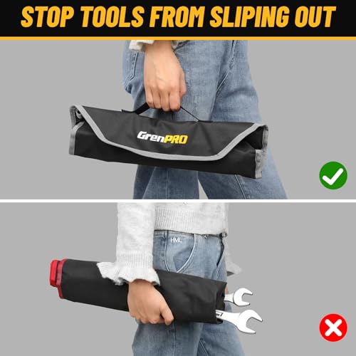 GRENPRO SAE Wrench Set, Large Wrench Set, 7-Piece 15/16", 1", 1-1/16", 1-1/8", 1-3/16", 1-1/4" Long Big Open End Wrench Tools Set Roll Up Pouch Organizer with Gauge, 12 Point Combination Wrenches Sets - style: SAE Wrench Set Large