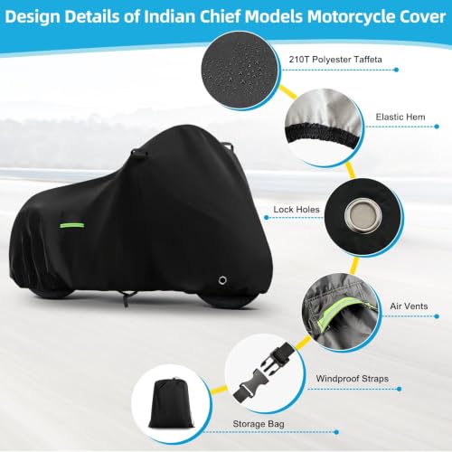 Motorcycle Cover Waterproof for Indian Chief Dark Horse/Chief Bobber/Super Chief Limited, Heavy Duty Outdoor Sun UV Rain Dust All Weather Protection Motorbike Cover with Soft Cotton Lining & Lock Hole - size: Chief Models
