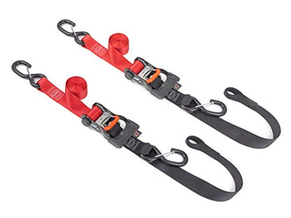 PowerTye 1.5in x 6.5ft Ergonomic Locking Ratchet Soft-Tye Straps with Heavy-Duty Latch Hooks - Made in USA - 1,000 lb. Working Load Limit / 3,000 lb. Breaking Strength - Red/Black (Pair) - color: Red/Black