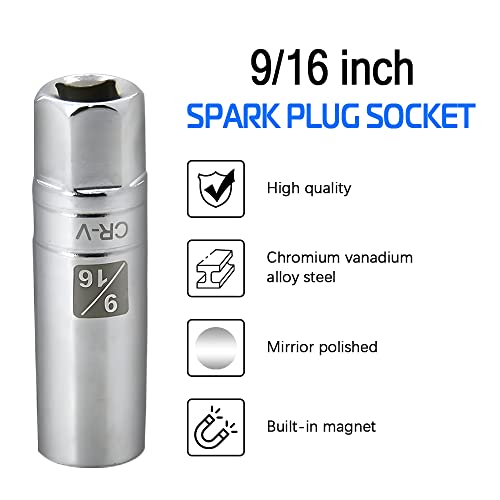 9/16-inch Magnetic Spark Plug Socket 3/8-inch Drive 6-Point Powerful Magnet Retains Spark Plugs Chrome Vanadium Steel - size: 9/16-inch