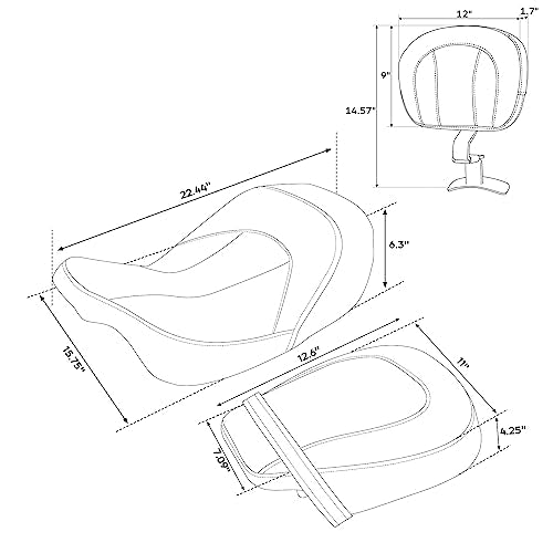 Rider Seat Cushion For Touring, SLMOTO Motorcycle Low-Profile Passenger Seat, Rider Sissy Bar Backrest Pad For Harley Touring CVO Road King Street Glide Road Glide Electra Glide 2014-2023 Black White - color: Black White + Rider Backrest Pad#102