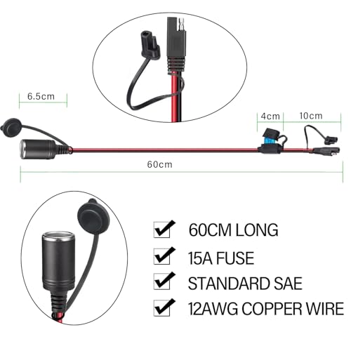 12AWG SAE to Motorcycle Female Cigarette Lighter Socket,12V-24V Heavy-Duty Extension Cable for Universal SAE Quick Connection Battery Chargers &Accessories (0.6m) - size: 2 Feet