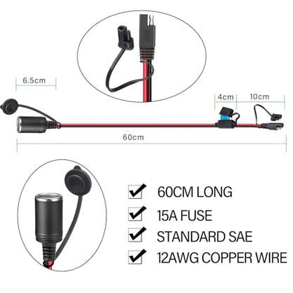 12AWG SAE to Motorcycle Female Cigarette Lighter Socket,12V-24V Heavy-Duty Extension Cable for Universal SAE Quick Connection Battery Chargers &Accessories (0.6m) - size: 2 Feet