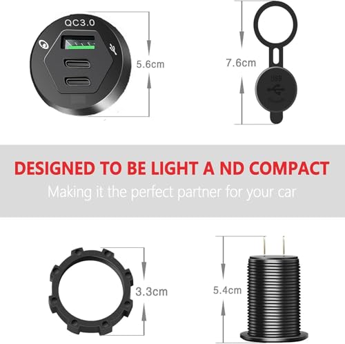 USB C Car Charger Socket, Marine Grade 12V Outlet with Dual 18W PD Ports & QC 3.0 Fast Charging, IP66 Waterproof Aluminum Flush Mount for Car, Boat, RV, Marine