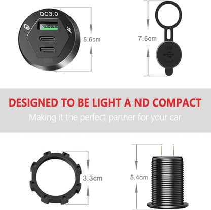 USB C Car Charger Socket, Marine Grade 12V Outlet with Dual 18W PD Ports & QC 3.0 Fast Charging, IP66 Waterproof Aluminum Flush Mount for Car, Boat, RV, Marine