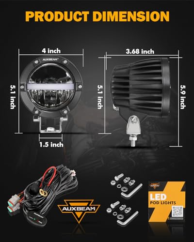 Auxbeam 4 Inch 110W Round Offroad Lights, Amber DRL Design 11000LM LED Light Pods, Super Bright 7035 SMD LED Work Driving Fog Light with DT Wiring Harness Kit for Truck Jeep Pickup SUV ATV UTV, 2 PCS - color: C4 Series-White Beam with DRL
