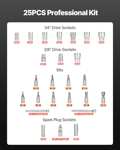 VEVOR 26Pcs Torque Wrench Set, 3/8 Inch Drive, 3.7-44.3FT.LB(5-60Nm), 72-Tooth Click Torque Wrench with Hex/Torx/Spark Plug Sockets, Extension Bars, 1/4 Adapter, for Bicycle Motorcycle Maintenance - size: 25PCS(3.7-44.3FT.LB), style: 3/8-inch