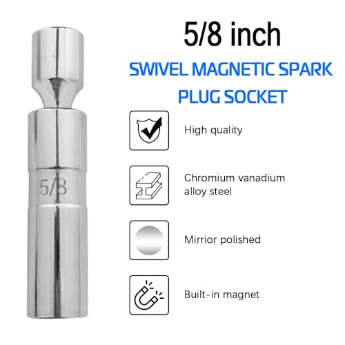 A ABIGAIL 5/8" Swivel Magnetic Spark Plug Socket 3/8 Inch Drive x 4" Total Length 12-Point 360 Degree Swivel Thin Wall Spark Plug Socket Removal Tool Cr-V Steel - size: 5/8”- 4inch