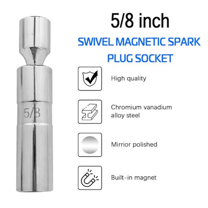A ABIGAIL 5/8" Swivel Magnetic Spark Plug Socket 3/8 Inch Drive x 4" Total Length 12-Point 360 Degree Swivel Thin Wall Spark Plug Socket Removal Tool Cr-V Steel - size: 5/8”- 4inch