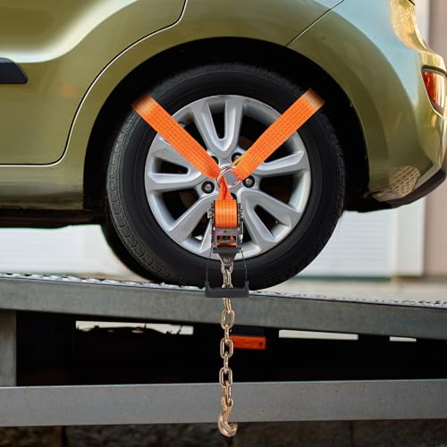 VEVOR Car Tie Down with Chain Anchors, Lasso Style 2"×120" Tire Straps, 5865 LBS Working Load, 11023 LBS Breaking Strength, with Heavy Duty Ratchets for Passenger Car, ATV, SUV, UTV, Truck, 4-Pack - style: Lasso-Style with Heavy Duty Hook