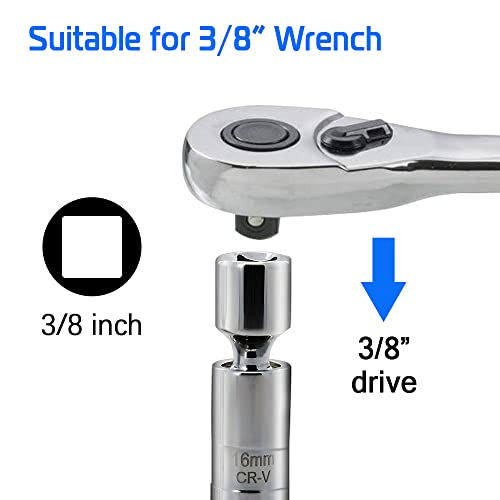 A ABIGAIL 16mm Thin Wall Swivel Magnetic Spark Plug Socket 3/8 Inch Drive 12-Point 5/8 Inch Spark Plug Socket Removal Tool Compatible with Motorcycle, Car, SUV, BMW - size: 16mm