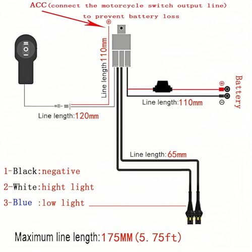 LINJIE Motorcycle Double Color/High Low Beam Wiring Harness Kit 12V Relay Double Color Spot Lights Wiring On Off Waterproof Switch Motorcycle High Low Beam Wiring Kit (5.75ft), Black