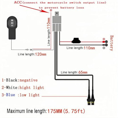 LINJIE Motorcycle Double Color/High Low Beam Wiring Harness Kit 12V Relay Double Color Spot Lights Wiring On Off Waterproof Switch Motorcycle High Low Beam Wiring Kit (5.75ft), Black