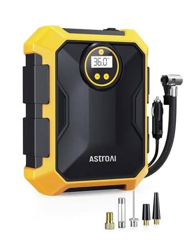 AstroAI Tire Inflator Portable Air Compressor 12V DC 100PSI, Integrated Storage, Digital Gauge, Auto Shut-Off Fast Inflation LED Light, Air Pump for Car Tires Bike Motorcycle Other Inflatables, Yellow - color: Yellow
