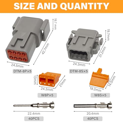 Deutsch DTM Grey 8 Pin Connectors 5 Sets, Waterproof Electrical Wire Connector with Stamped Contacts and Seal Plug for Truck, Off-Road Vehicles, Construction, Agriculture, Marine, Motorcycle Wiring - size: 8Pin-5 Set