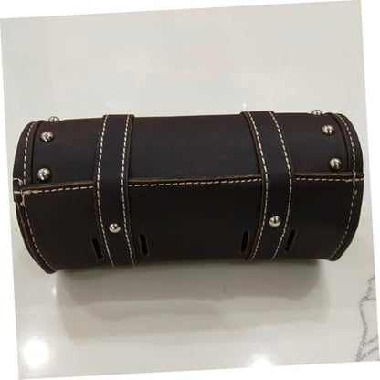 PU Leather Motorcycle Saddlebag with Two Mounting Straps Dark Brown Round Tool Bag for Motorcycles Side Storage Luggage Bag for Bikes