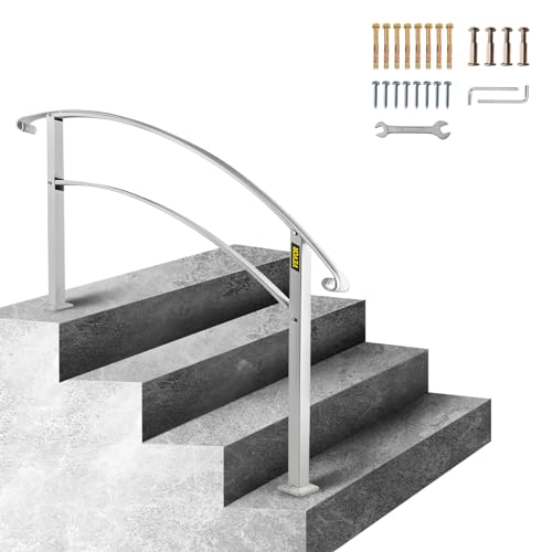 VEVOR Handrails for Outdoor Steps, Fit 1 or 4 Steps Outdoor Stair Railing, White Wrought Iron Handrail, Flexible Front Porch Hand Rail, Transitional Handrails for Concrete Steps or Wooden Stairs - size: White 3-4 Step, style: Style1 - Curved