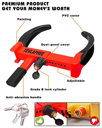 Tevlaphee Universal Wheel Lock Heavy Duty Security Trailer Wheel Lock Anti Theft Wheel Locks for Cars SUV Camper Motorcycle Trailer Great Deterrent Bright Color with 3 Keys (Black-red) - color: Black-red