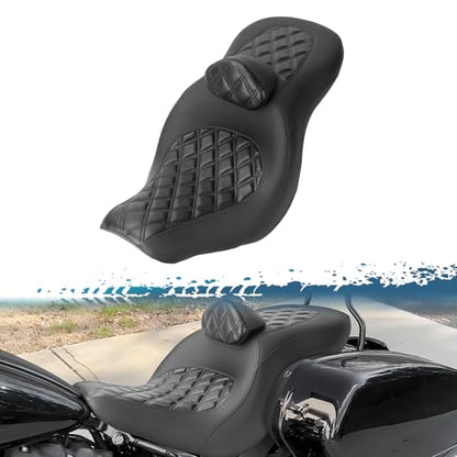 One-Piece Driver Passenger Seat Motorcycle 2-Up Seat with Driver Backrest Cushion Pad Compatible with Harley Softail Sport Glide FLSB Low Rider FXLR FXLRS FXLRST 2018-Later (Black Diamond Stitching) - style: Black Diamond Stitching with Backrest