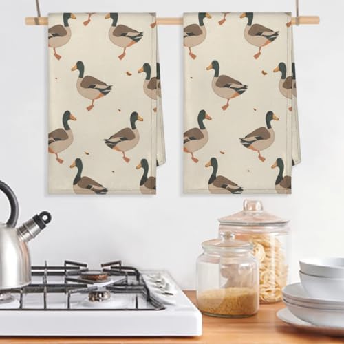 Cute Duck Kitchen Towels Set of 2 Rustic Farm Dish Towels Bar Absorbent Cleaning Tea Towel for Home Dining Restaurants - color: Beige Brown Black