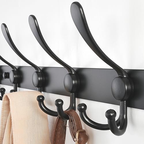 Dseap Coat Rack Wall Mount - 38” Long 10-Tri-Hooks Heavy Duty Coat Hanger Rail Wall Hooks for Hanging Coats Hats Clothing Clothes Purse Mudroom Entryway, Black, Pack of 2 - color: Black, size: L=38” (2 Pcs)