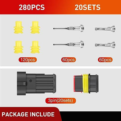 Nilight 280PCS 3 Pin Electrical Connector ‎Plug Male Female Terminal Wire Waterproof Connectors 3 Way Automotive Connect Set for Car Truck Motorcycle Marine Boat 20 Sets - size: 3Pin Connector 200Pcs