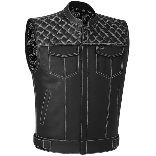 Jackets 4 Bikes SOA Men's Motorcycle Vest, Geniune Buffalo Leather, Back Armor, Inside Pockets, Motorbike Riding Club Vests Paisley White L - color: Paisleywhite, size: Large