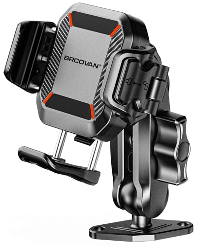 BRCOVAN Anti-Theft Phone Mount Holder with Vibration Dampener, 1s Locking | Don't Block Camera, with Aluminum Diamond Base & Medium Arm, for Car Boat Truck Motorcycle UTV, Fit 5.4-7.2'' Smartphones