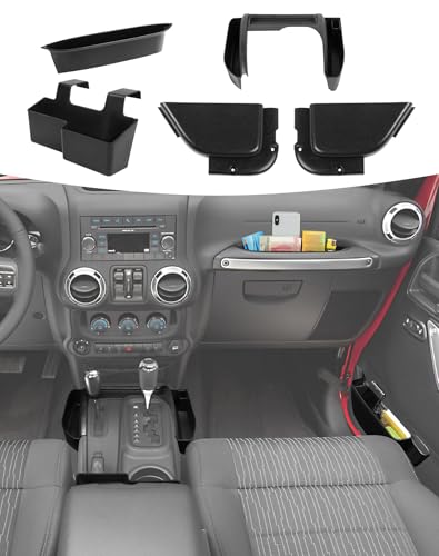 5PCS Center Console Organizer Interior Storage Accessories Fit for 2011-2018 Jeep Wrangler JK JKU Passenger Side Grab Handle & Gear Shift Trim & Front Door Net Pocket & Armrest Box Outer Storage Box