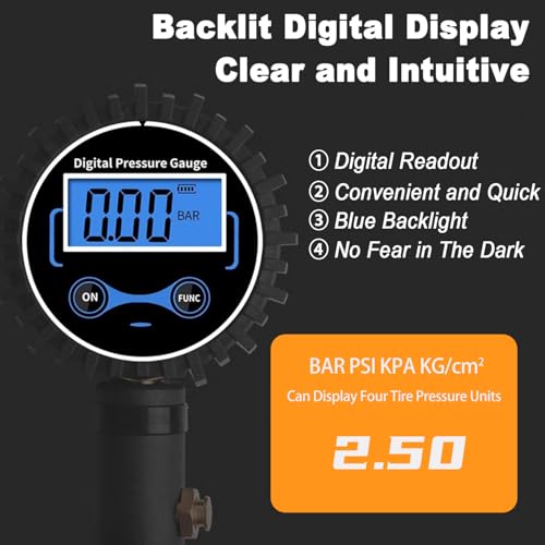 SUVCARMPING 250 PSI Digital Tire Pressure Gauge, Heavy Duty Air Pressure Gauge (±1% Accurate) with Lock-on Air Chuck, LED Backlit LCD and 4-Way Valve Tool for Heavy Trucks, RVs, Cars, Blue - size: blue(Lock-on Air Chuck)