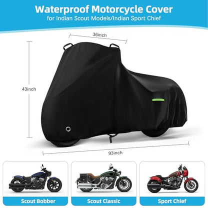 Motorcycle Cover Waterproof for Indian Scout/Scout Bobber/Scout Sixty/Sport Chief, Heavy Duty Outdoor Sun Rain Snow UV Dust All Weather Protection Motorbike Cover with Soft Cotton Lining & Lock Hole - size: Scout Bobber
