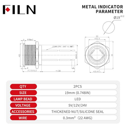 LED Indicator Lights 2PCS 12V 19mm Mounting Holes Includes 187 Replacement Symbols IP67 Waterproof Metal 24V Pilot Lights for Cars Boats Industrial Panels Dashboards (Green Light) - color: 19mm-Green Light-2PCS