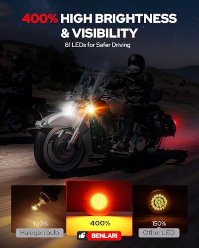 Benlari 3 1/4 inch LED Turn Signals, 81 LEDs Front Rear 1156 1157 Turn Signals Brake Light Kit with 4 Smoked Lens Cover Fit for Harley Davidson Touring Sportster Iron 883 Dyna Softail 1986-2024